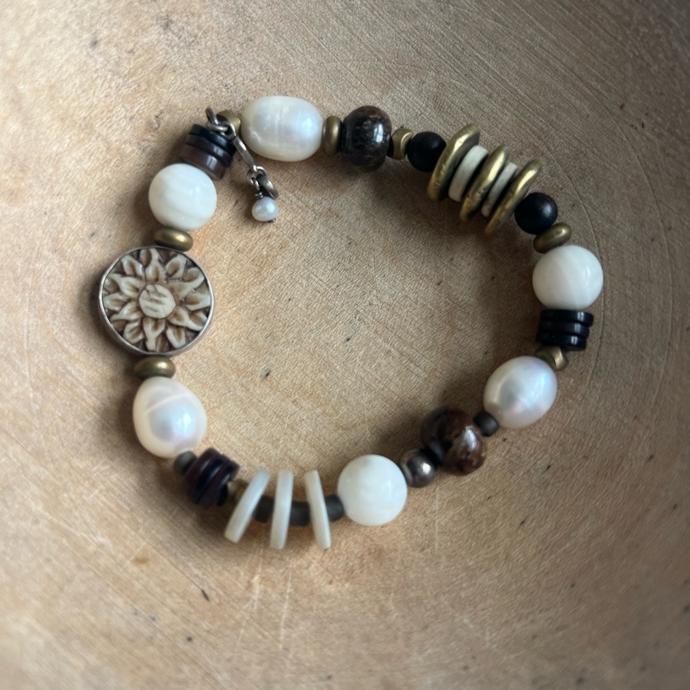 Silpada Mixed Element Stretch Bracelet Sterling Silver FW Pearl Shell Brass …